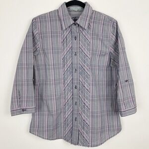 Foxcroft Wrinkle Free Shaped‎ Fit Plaid Button Up 3/4 Sleeve Top  Women 6